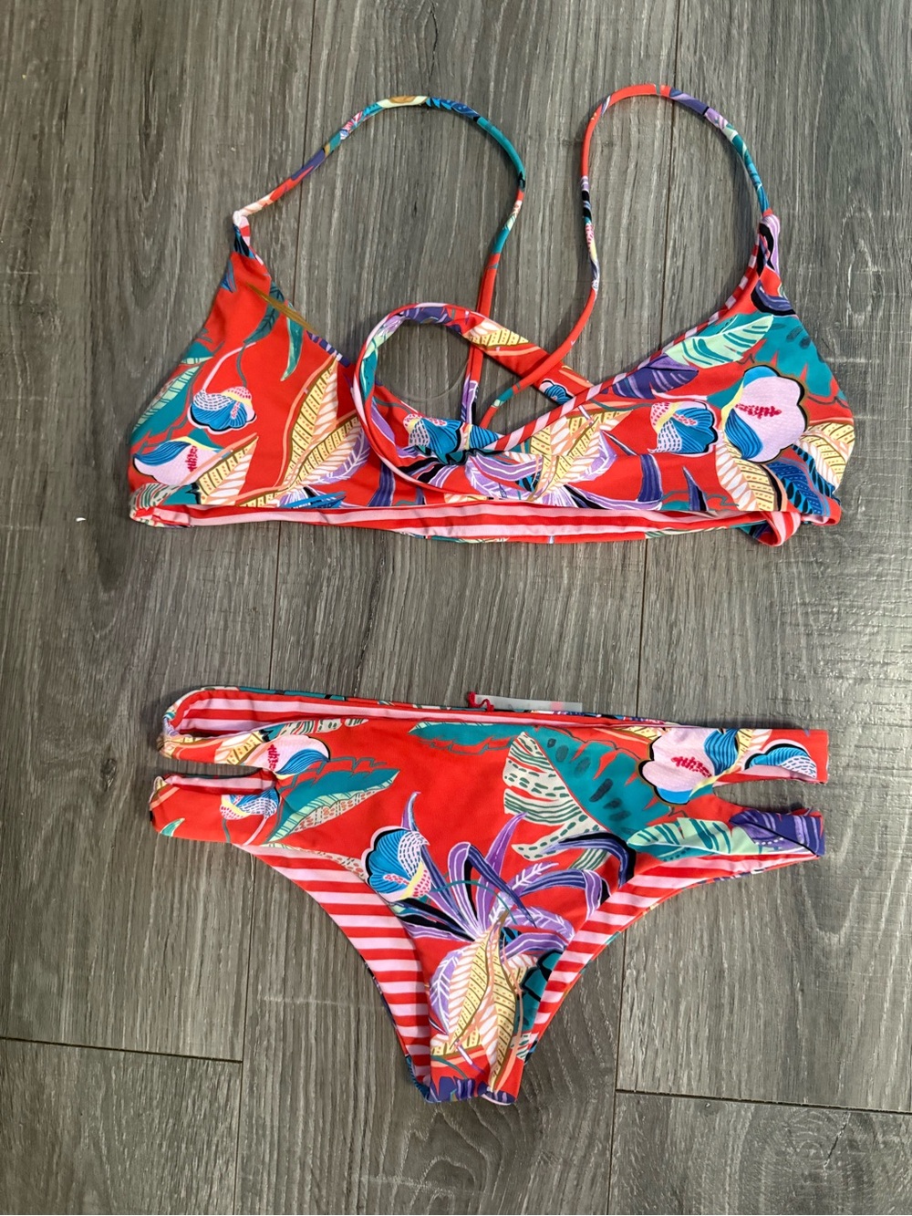Orange Tropical reversible Strip Print Bikini Set